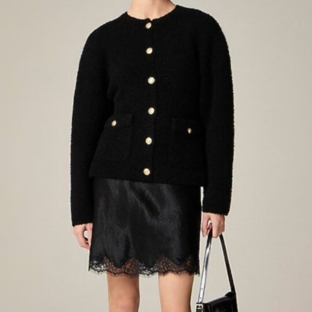 J. Crew Cinched Waist Sweater Jacket Womens L Black NWT Preppy Gold Buttons